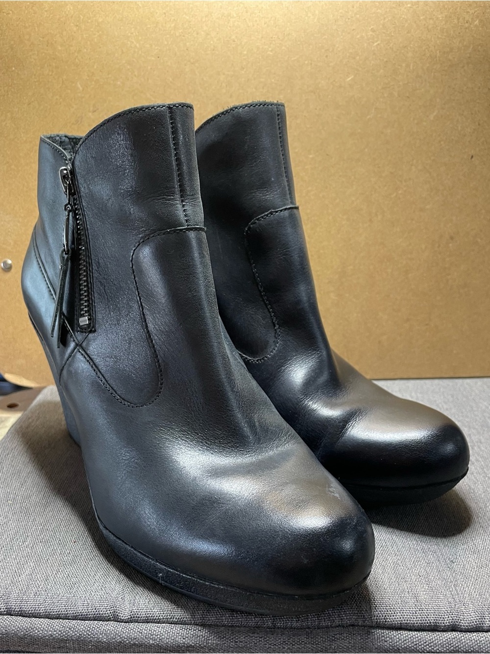 UGG Black Leather Wedge Ankle Booties with Side Zip